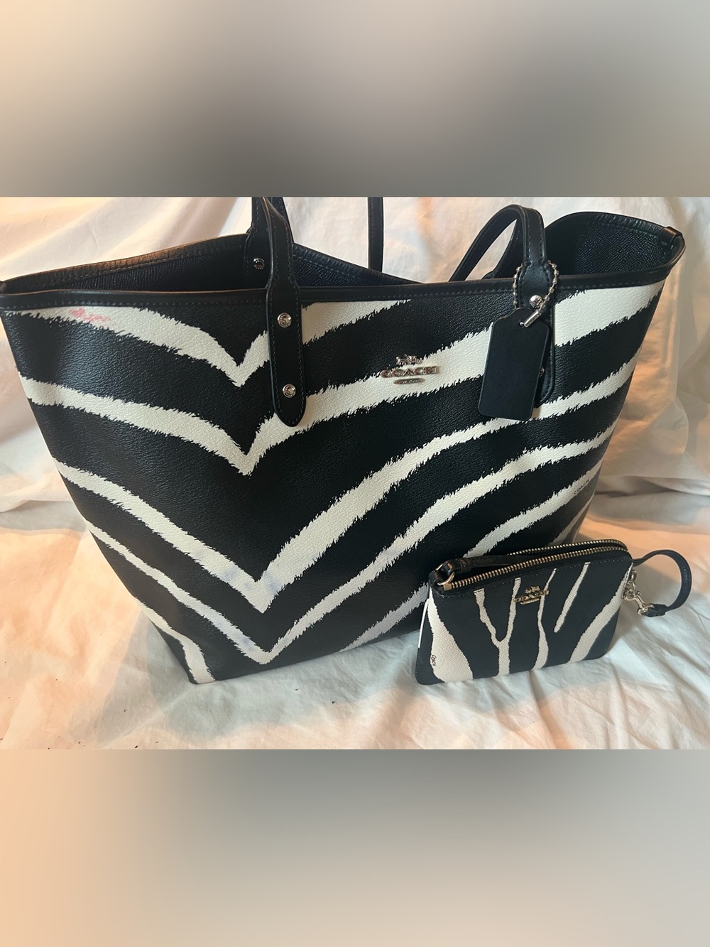 Coach Black and White Zebra-Print Leather Tote with Matching Pouch